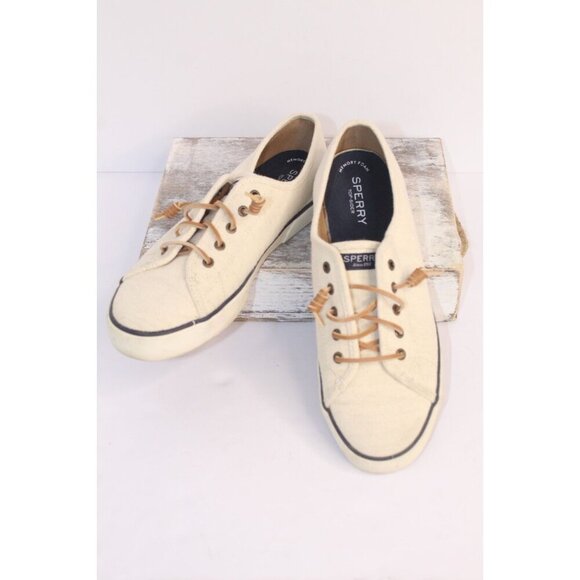 Sperry Woven Canvas Cushioned Slip On Boat Shoes Women's 10 M Cream Blue Lace UP - Picture 1 of 9